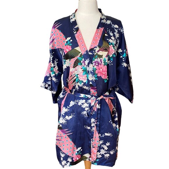 Peacock & Cherry Blossom Asian Inspired Silky Kimono Robe Navy Tik Tok Mini-M/L - Picture 5 of 10